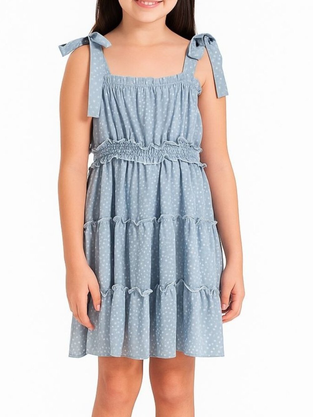 Rare Editions Girls Size 10 Blue White Polka Dot Tiered Dress Smocked Bodice Bow